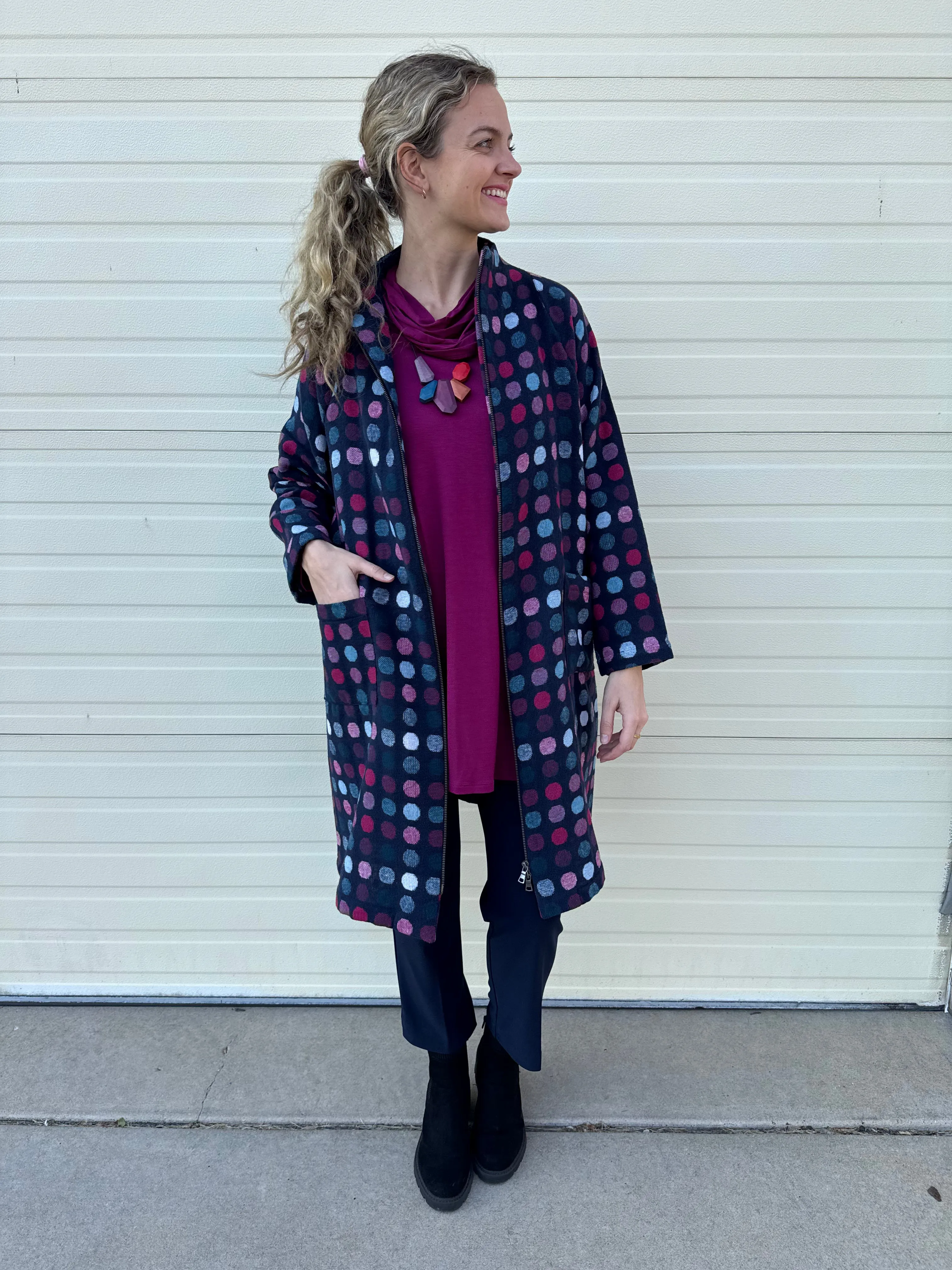 Hot Pink and Navy Sorbet Dots Scarlett Wool Jacket