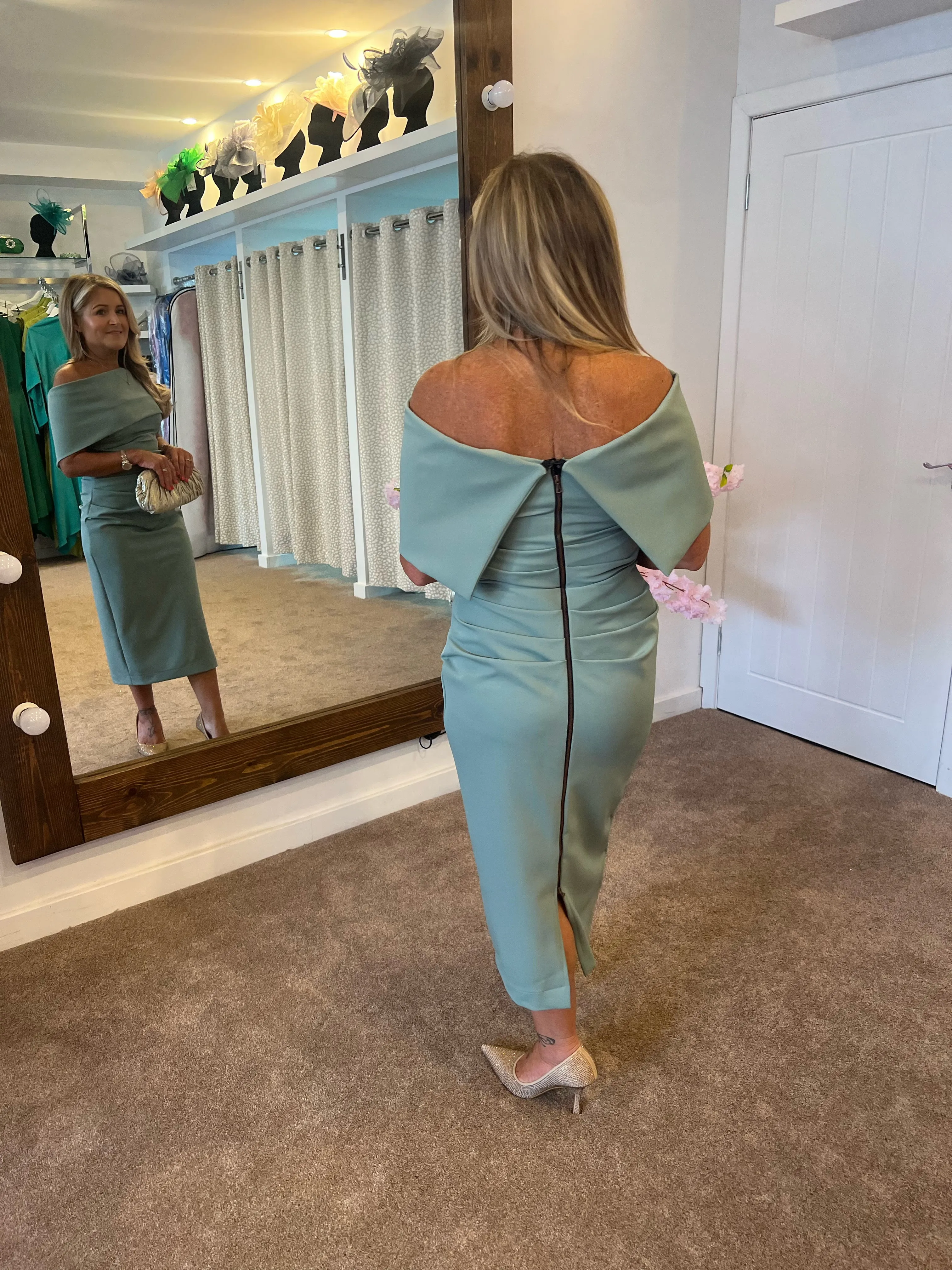 Kevan Jon Kyoto bardot knee dress in duck egg