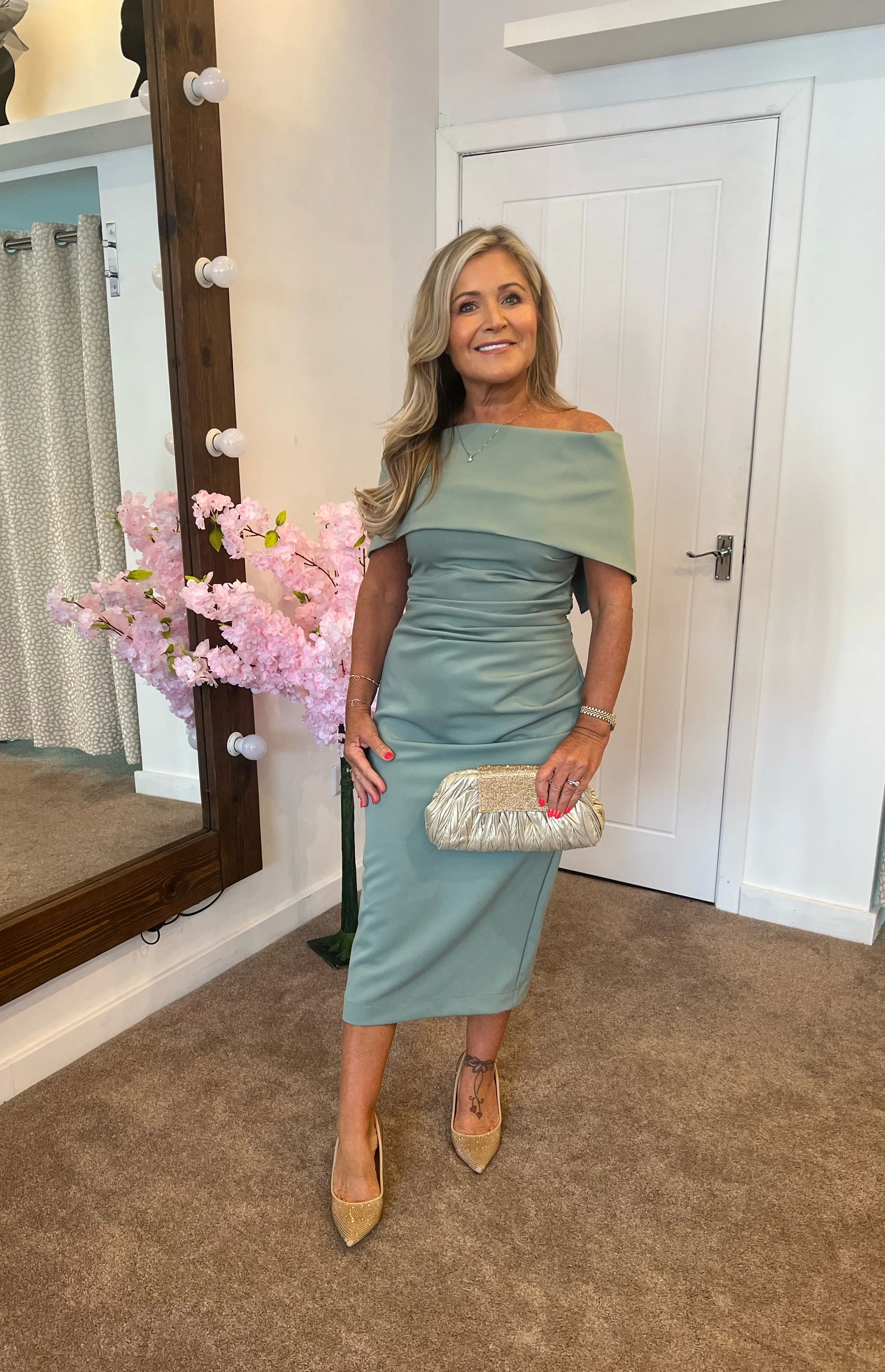 Kevan Jon Kyoto bardot knee dress in duck egg