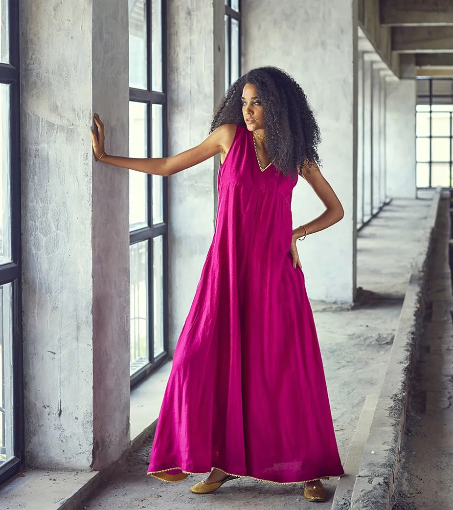 Khara Kapas Greenwich Street cotton silk flared jumpsuit pink gota Jamun KW630 Festive