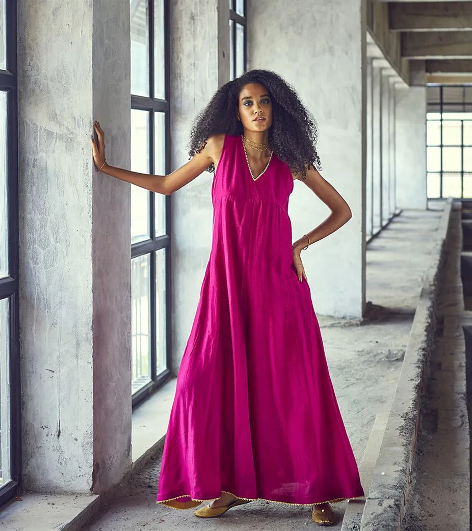Khara Kapas Greenwich Street cotton silk flared jumpsuit pink gota Jamun KW630 Festive