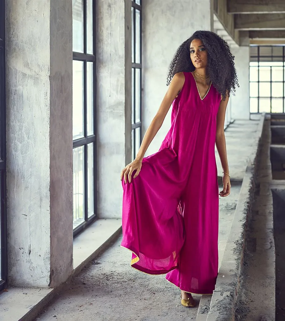 Khara Kapas Greenwich Street cotton silk flared jumpsuit pink gota Jamun KW630 Festive