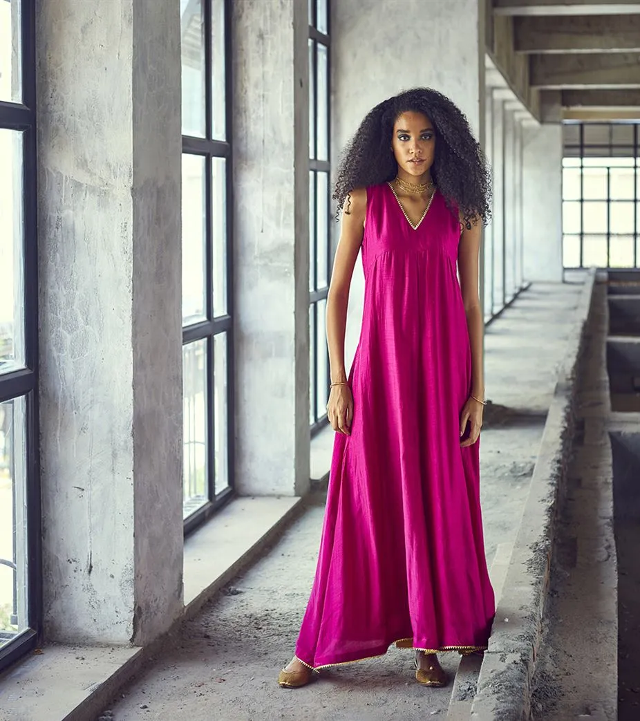 Khara Kapas Greenwich Street cotton silk flared jumpsuit pink gota Jamun KW630 Festive