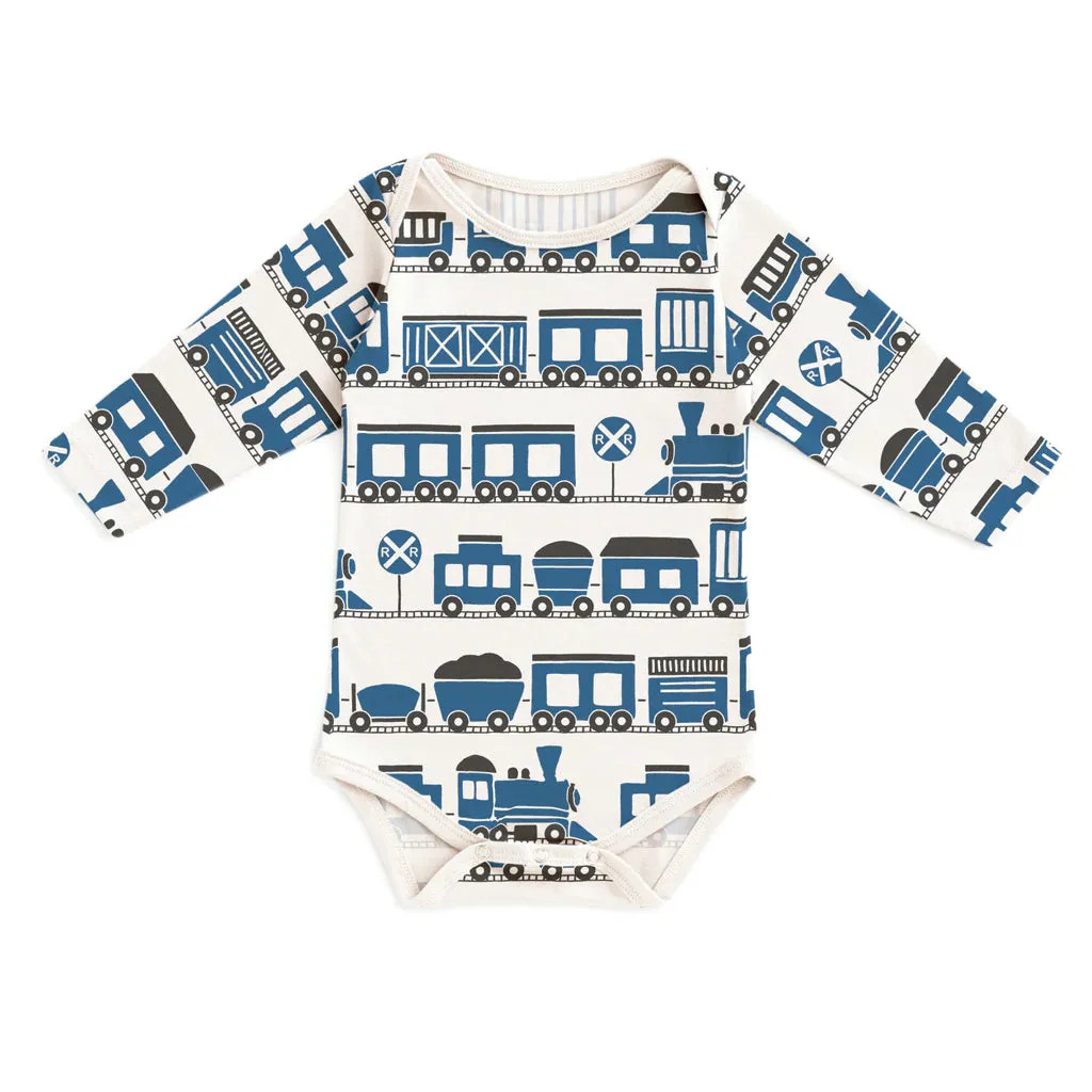 Long sleeve bodysuit- navy trains