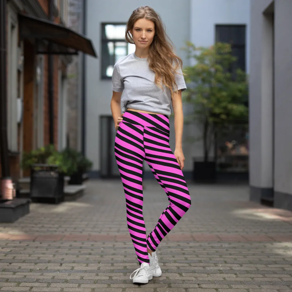 Pink Black Stripes Yoga Leggings, Diagonally Striped Women's Soft Tights For Ladies-Made in USA/EU/MX