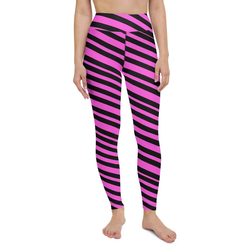 Pink Black Stripes Yoga Leggings, Diagonally Striped Women's Soft Tights For Ladies-Made in USA/EU/MX