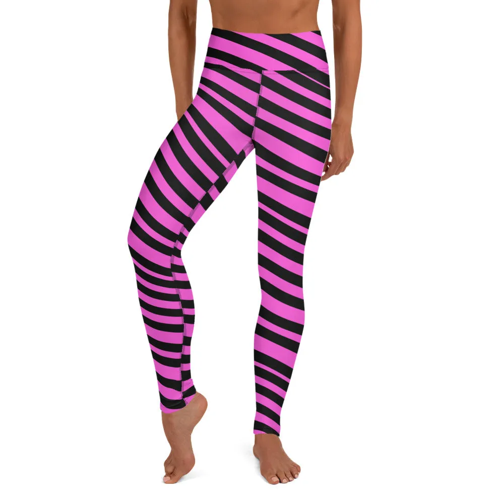 Pink Black Stripes Yoga Leggings, Diagonally Striped Women's Soft Tights For Ladies-Made in USA/EU/MX