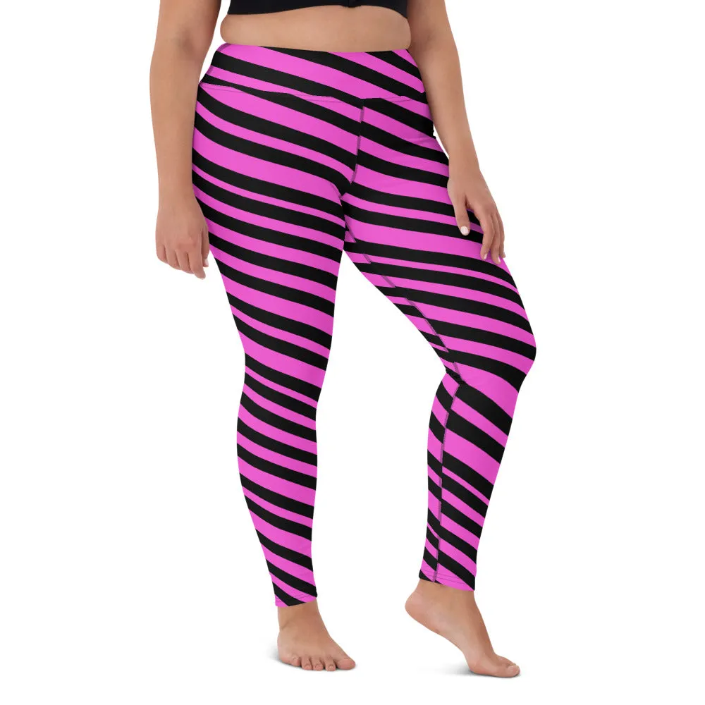 Pink Black Stripes Yoga Leggings, Diagonally Striped Women's Soft Tights For Ladies-Made in USA/EU/MX