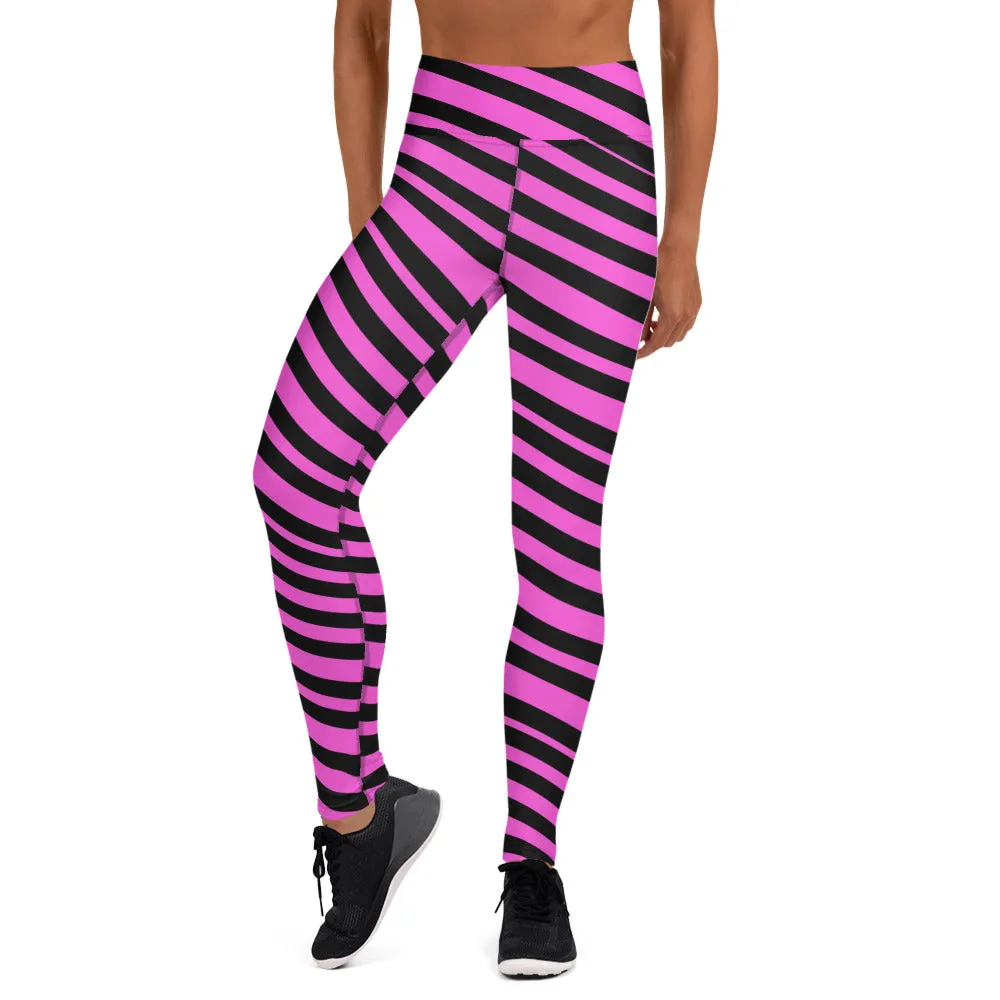 Pink Black Stripes Yoga Leggings, Diagonally Striped Women's Soft Tights For Ladies-Made in USA/EU/MX