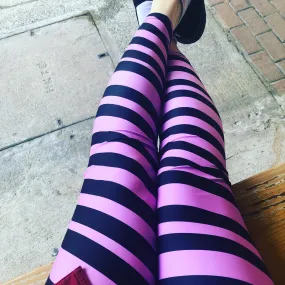 Pink Black Stripes Yoga Leggings, Diagonally Striped Women's Soft Tights For Ladies-Made in USA/EU/MX