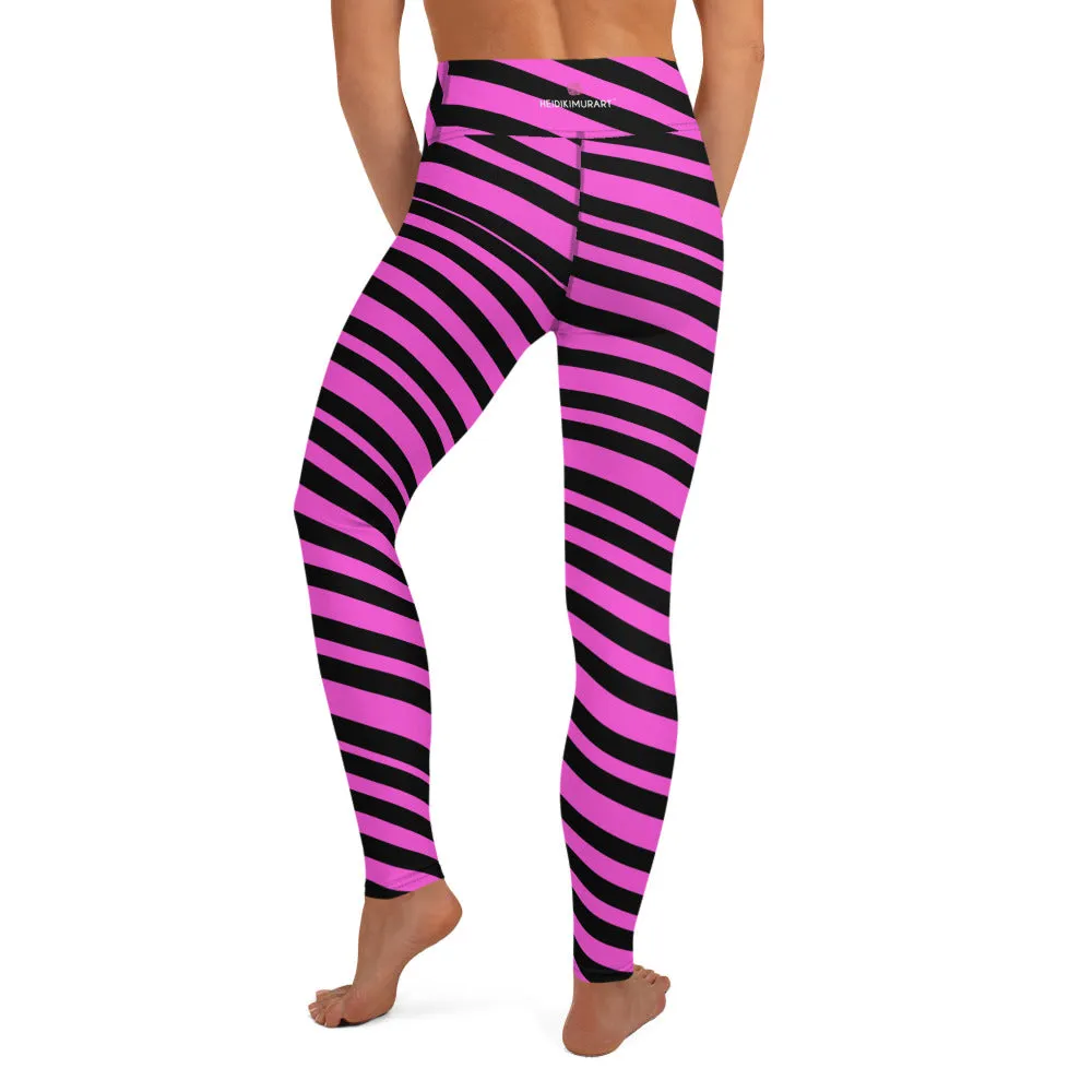 Pink Black Stripes Yoga Leggings, Diagonally Striped Women's Soft Tights For Ladies-Made in USA/EU/MX