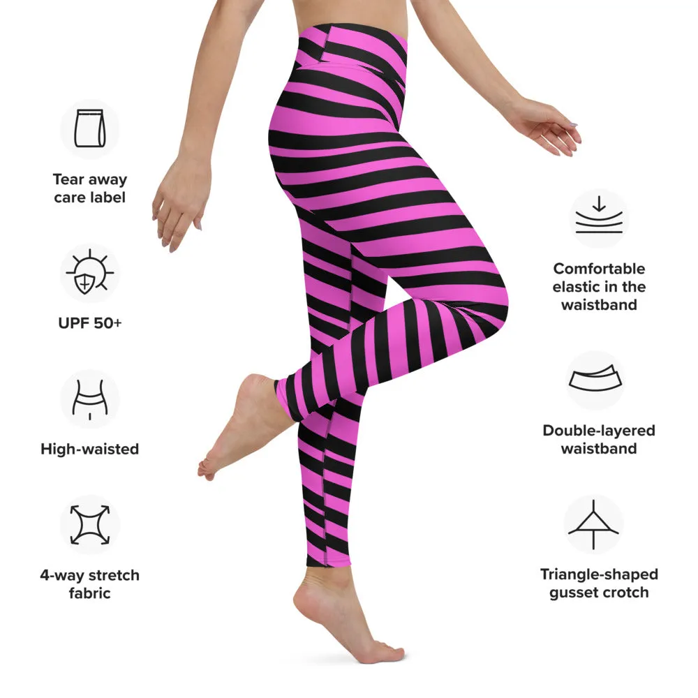Pink Black Stripes Yoga Leggings, Diagonally Striped Women's Soft Tights For Ladies-Made in USA/EU/MX