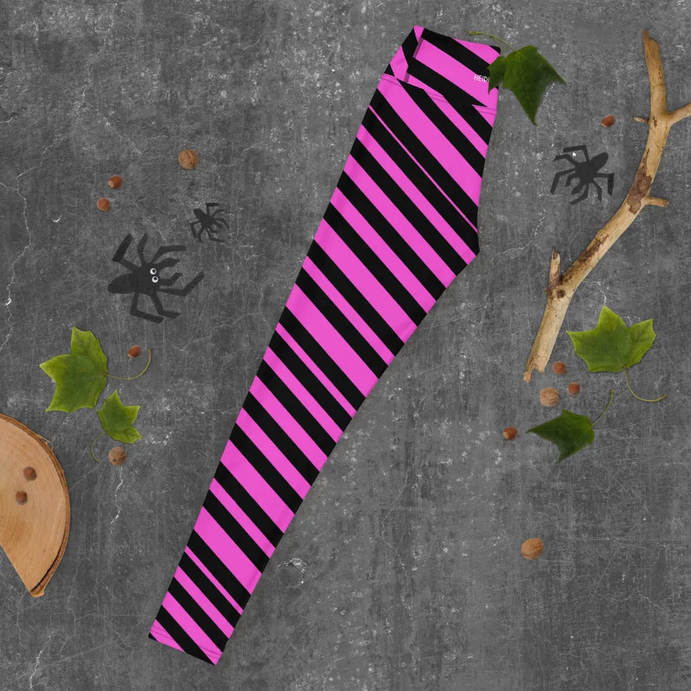 Pink Black Stripes Yoga Leggings, Diagonally Striped Women's Soft Tights For Ladies-Made in USA/EU/MX
