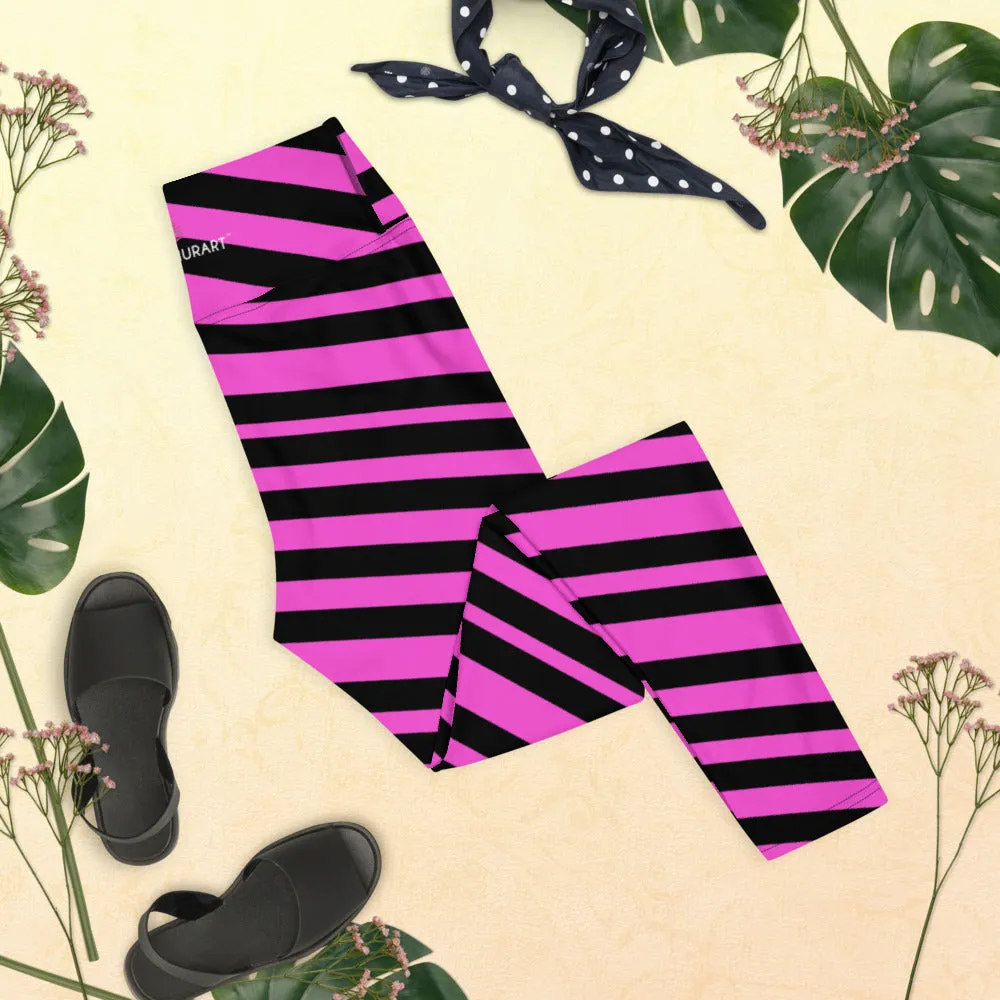 Pink Black Stripes Yoga Leggings, Diagonally Striped Women's Soft Tights For Ladies-Made in USA/EU/MX