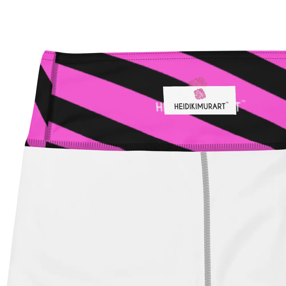 Pink Black Stripes Yoga Leggings, Diagonally Striped Women's Soft Tights For Ladies-Made in USA/EU/MX