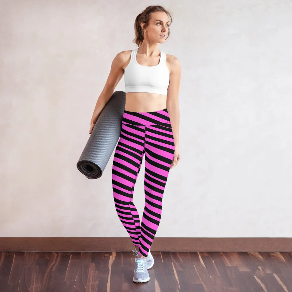 Pink Black Stripes Yoga Leggings, Diagonally Striped Women's Soft Tights For Ladies-Made in USA/EU/MX
