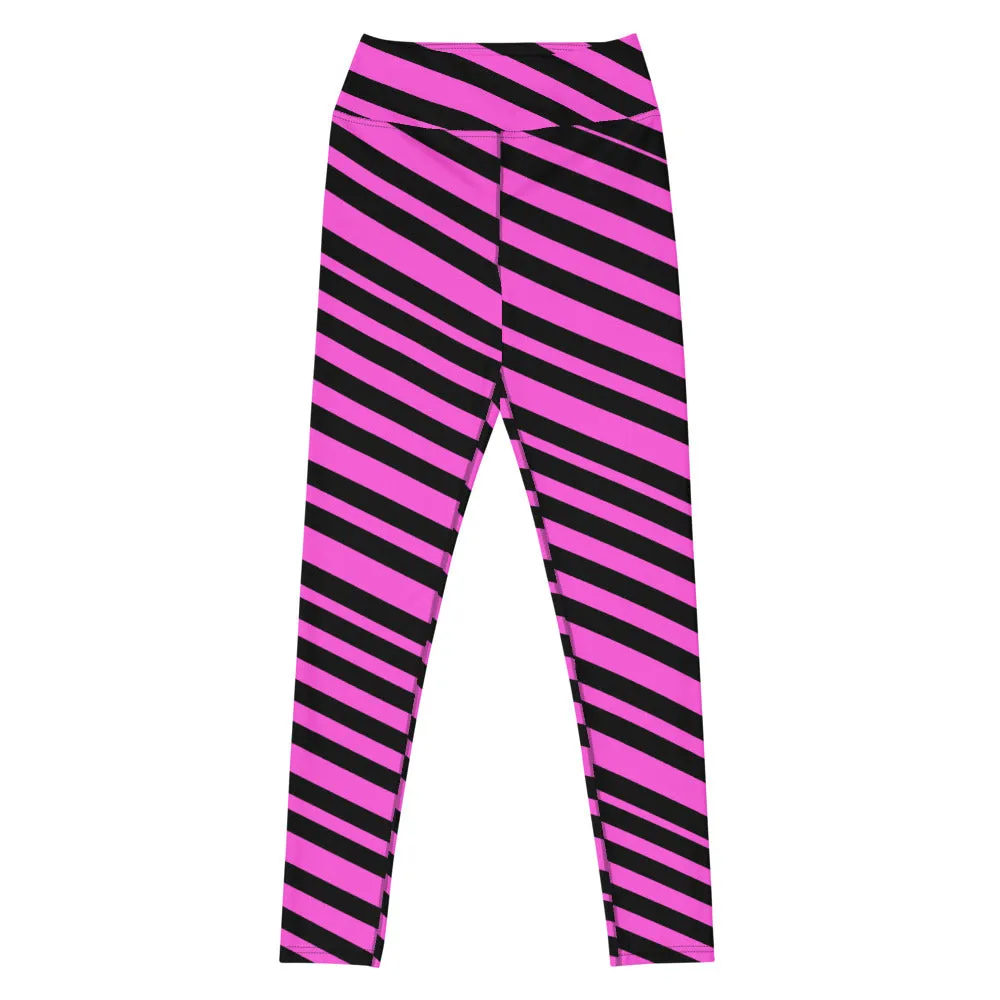 Pink Black Stripes Yoga Leggings, Diagonally Striped Women's Soft Tights For Ladies-Made in USA/EU/MX