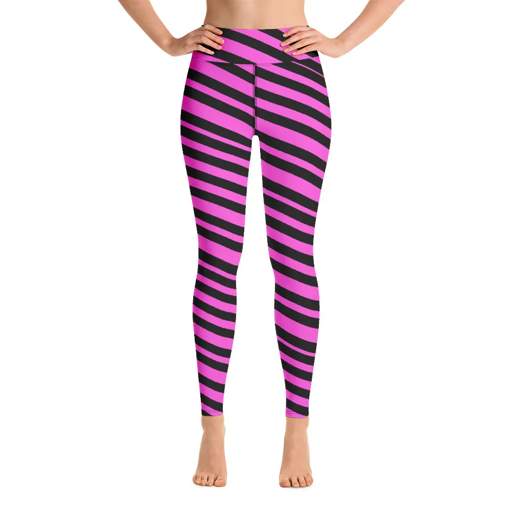 Pink Black Stripes Yoga Leggings, Diagonally Striped Women's Soft Tights For Ladies-Made in USA/EU/MX