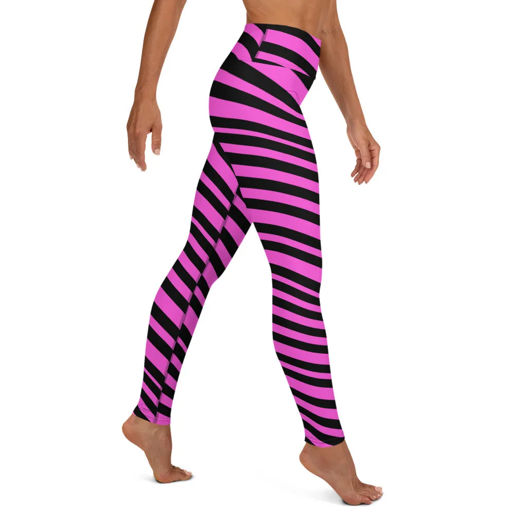 Pink Black Stripes Yoga Leggings, Diagonally Striped Women's Soft Tights For Ladies-Made in USA/EU/MX