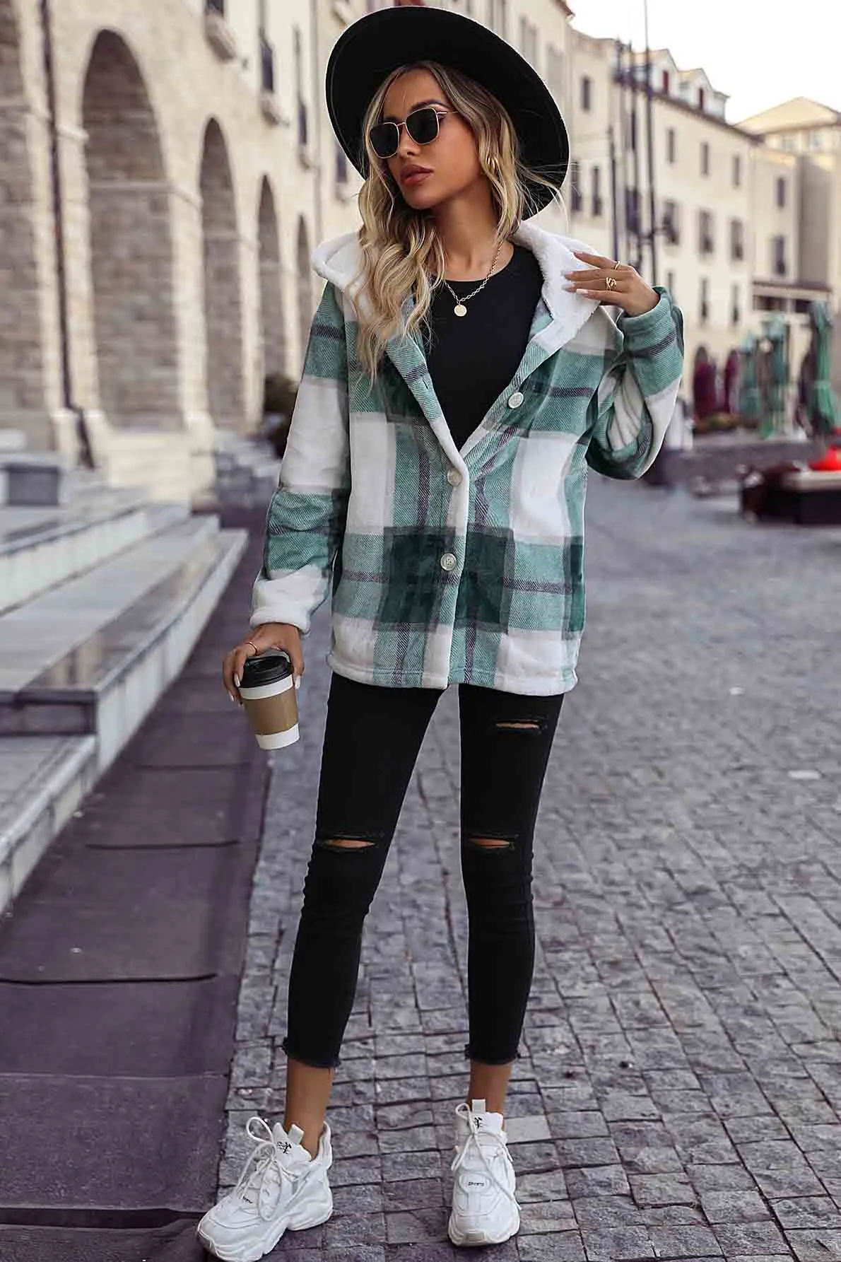 Plaid Button Up Hooded Fleece Coat