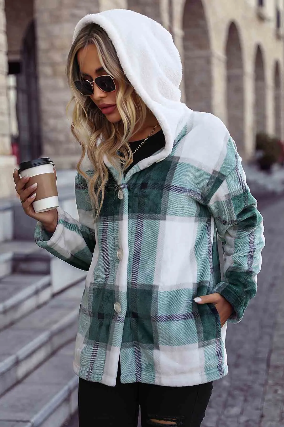 Plaid Button Up Hooded Fleece Coat