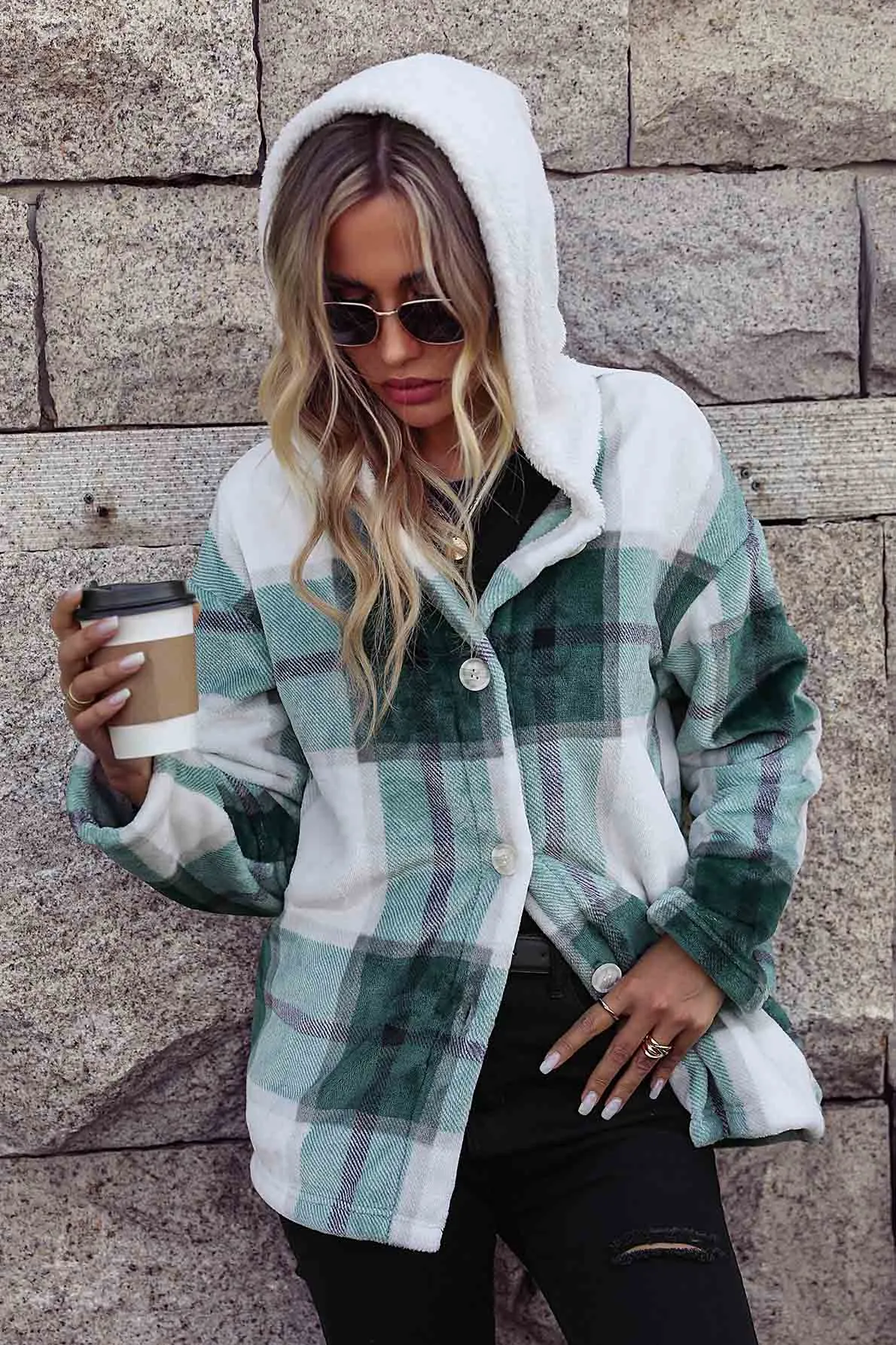 Plaid Button Up Hooded Fleece Coat