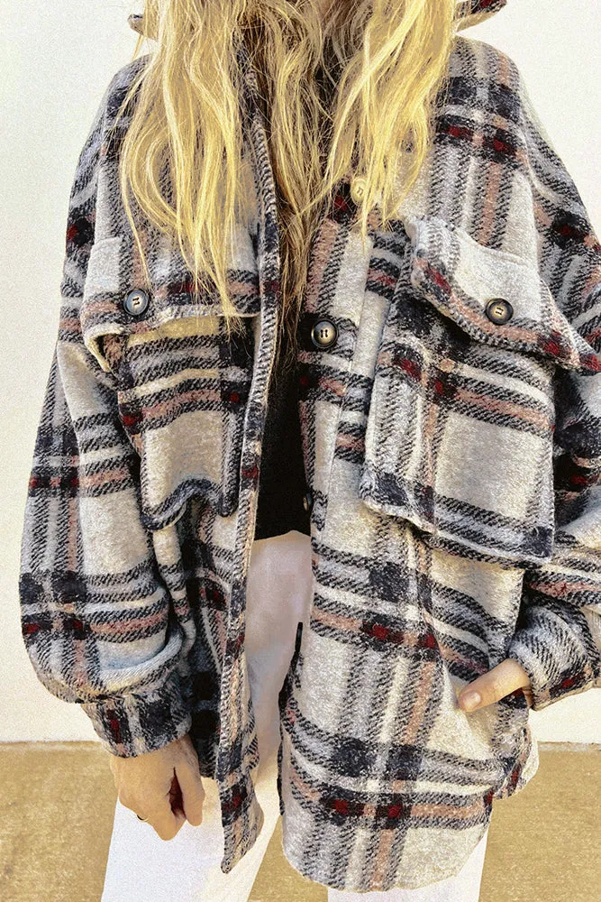 Plaid Pockets Open Button Oversize Winter Outfits Jackets