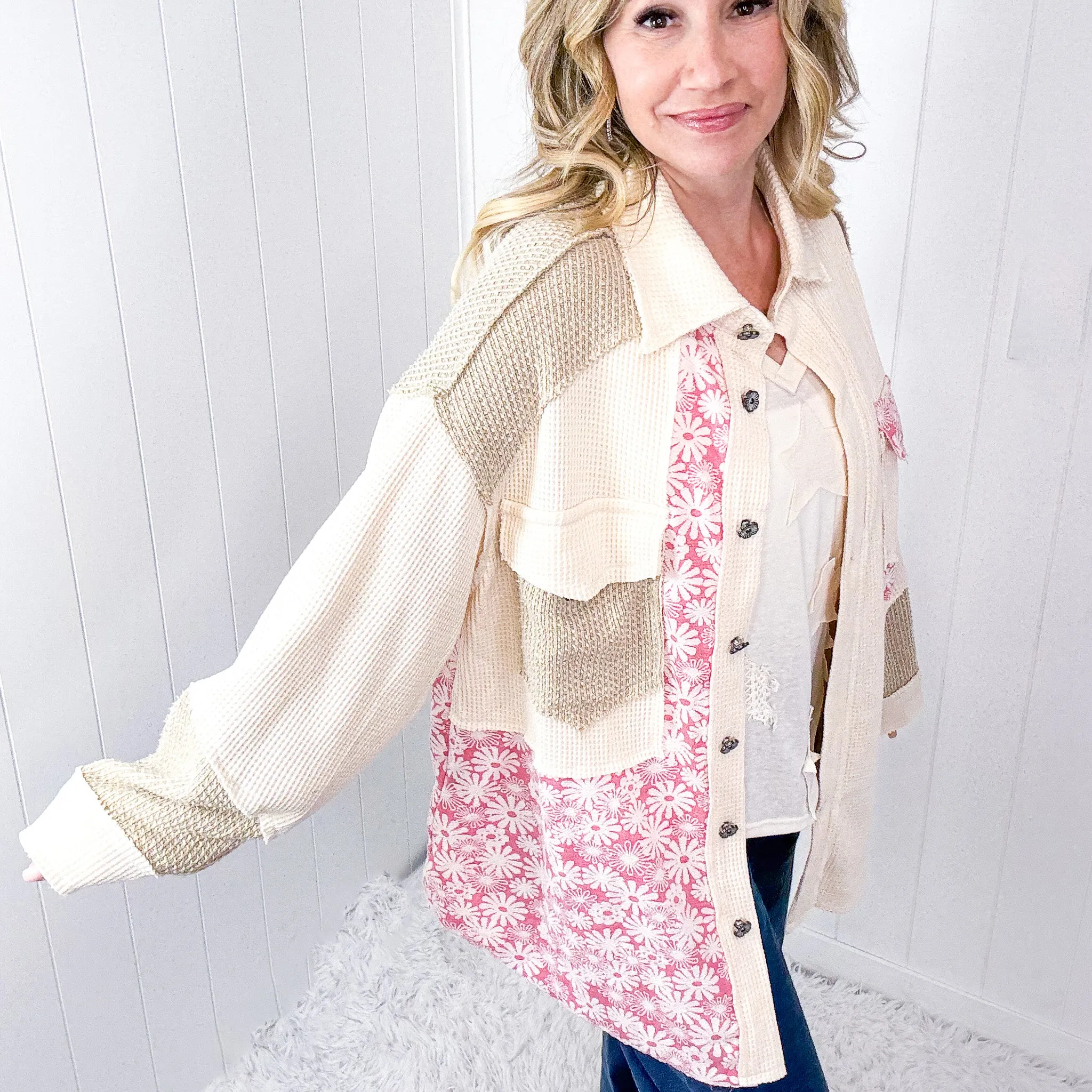 POL Cream and Beige Vintage Pink Floral Thermal Long Sleeve Jacket