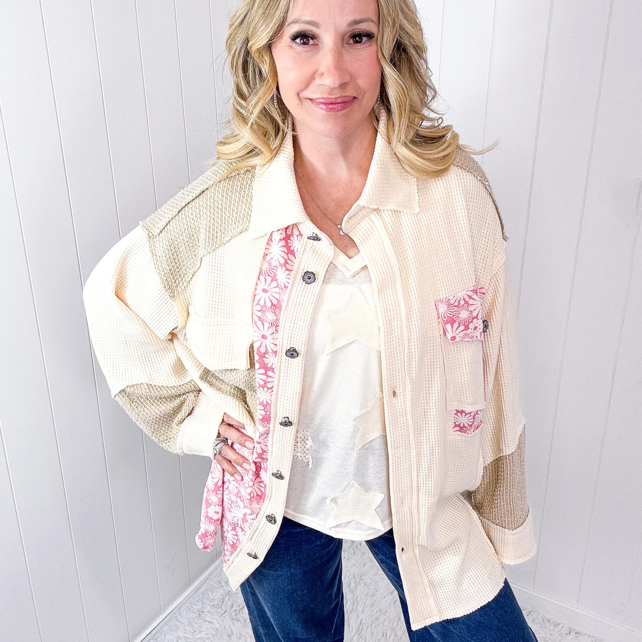 POL Cream and Beige Vintage Pink Floral Thermal Long Sleeve Jacket