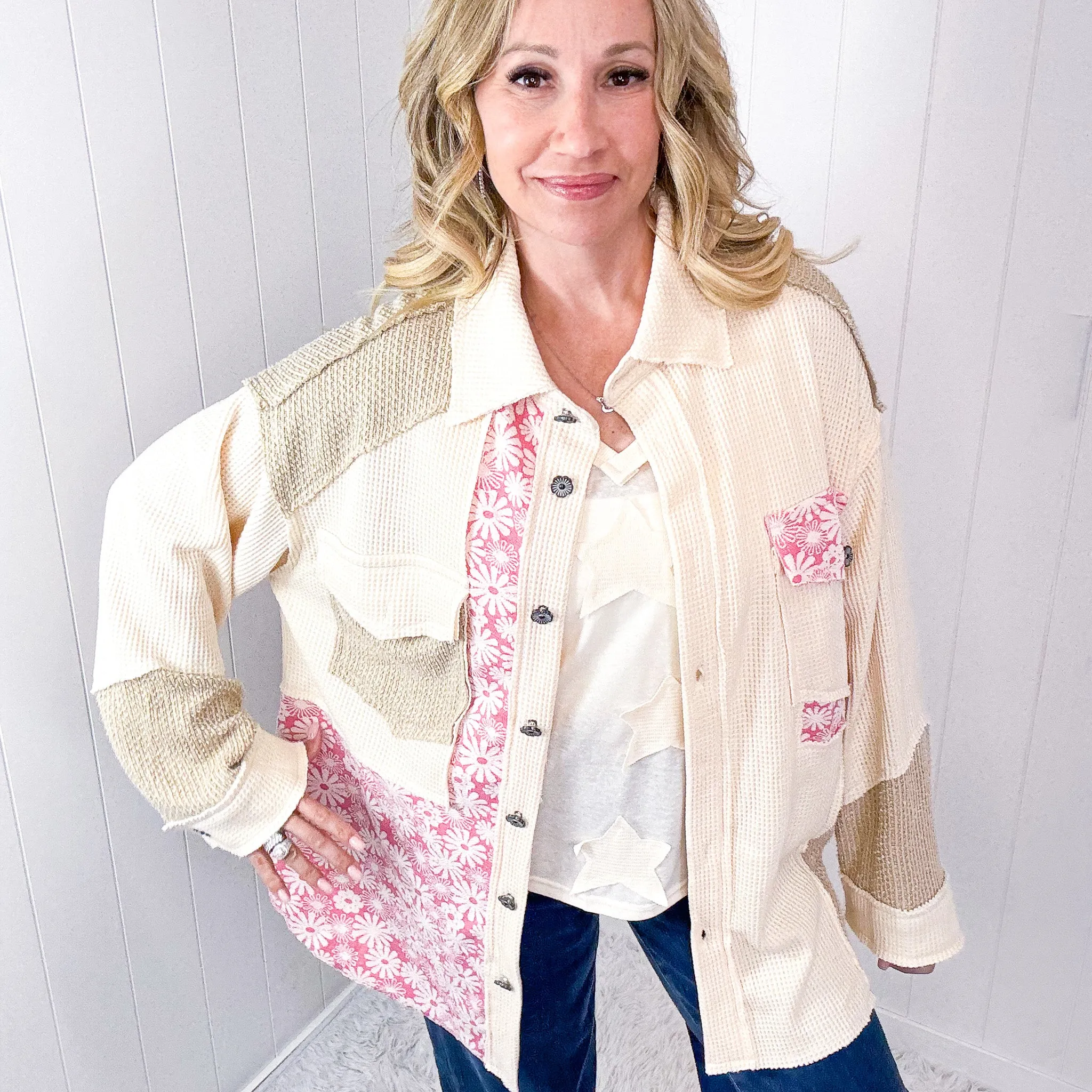 POL Cream and Beige Vintage Pink Floral Thermal Long Sleeve Jacket