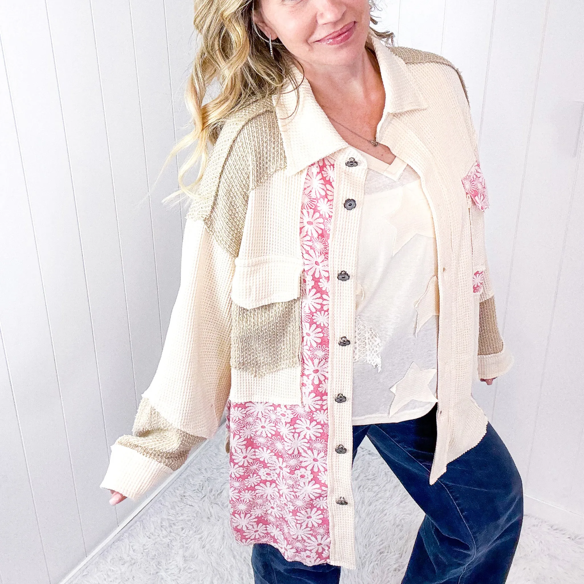POL Cream and Beige Vintage Pink Floral Thermal Long Sleeve Jacket