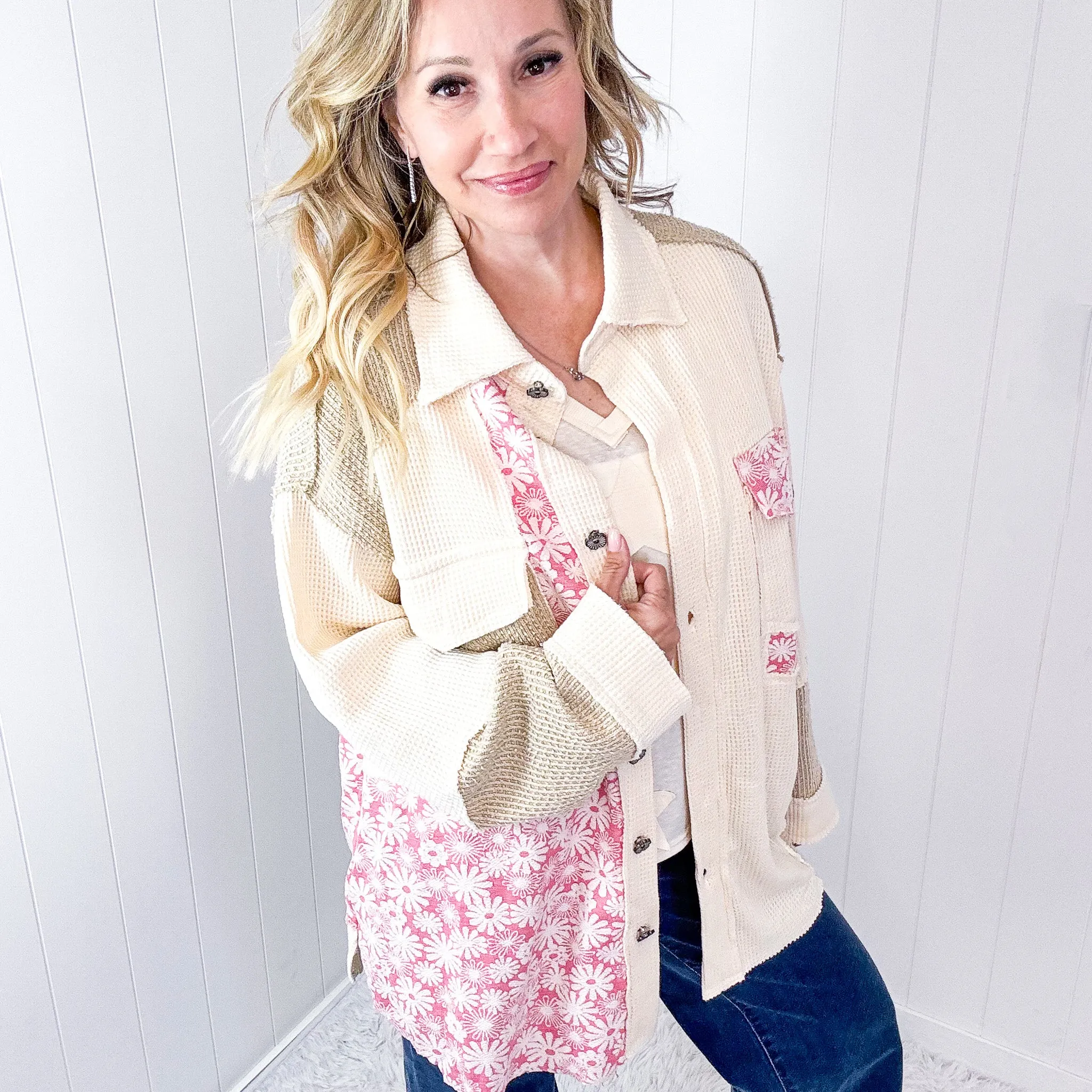 POL Cream and Beige Vintage Pink Floral Thermal Long Sleeve Jacket