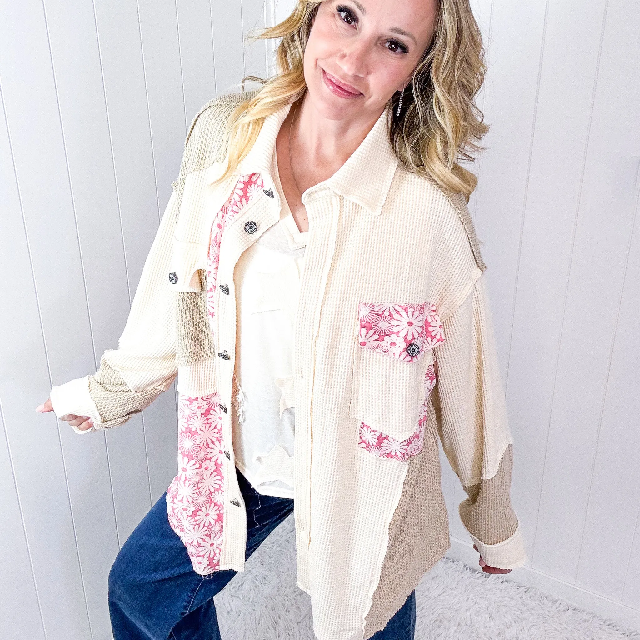POL Cream and Beige Vintage Pink Floral Thermal Long Sleeve Jacket
