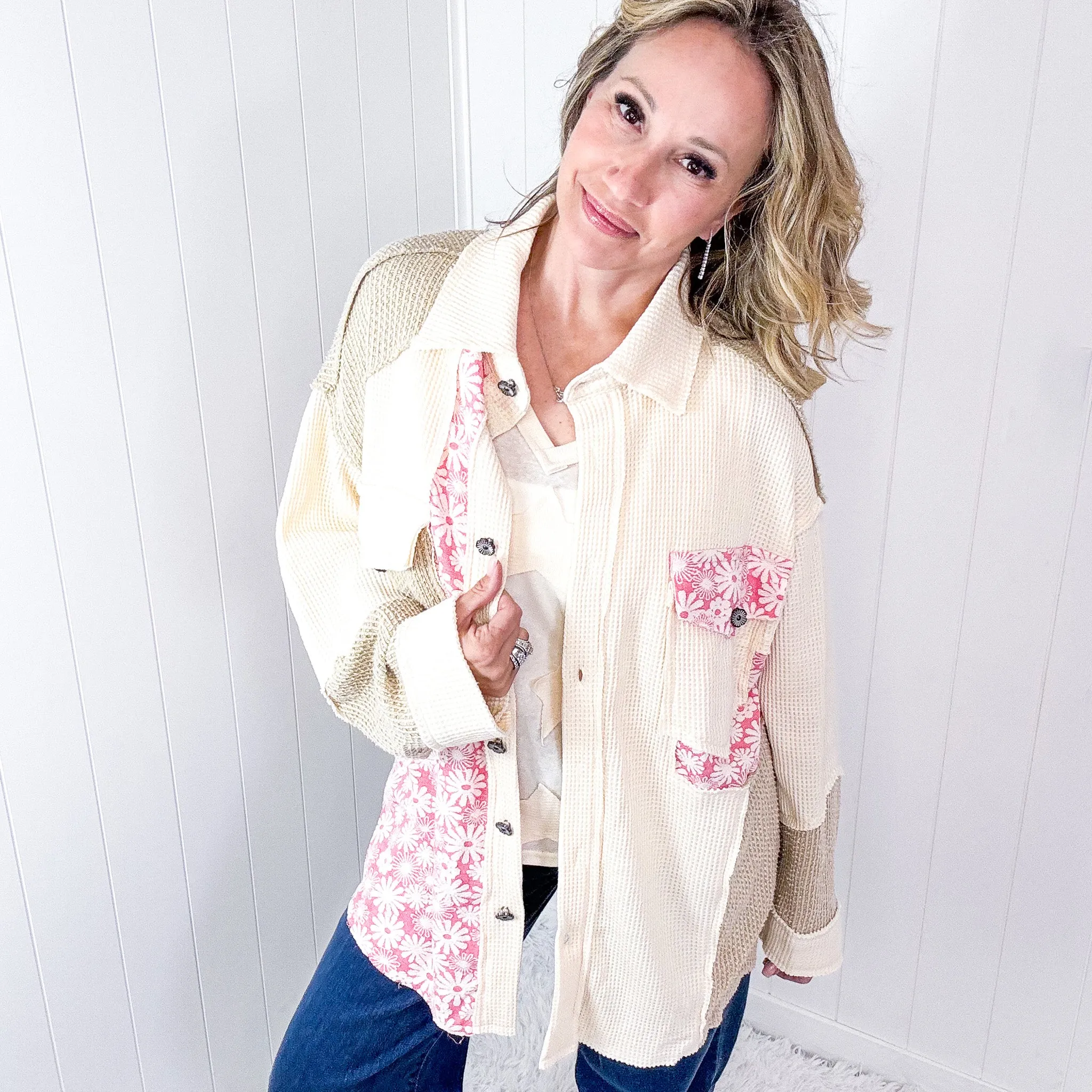POL Cream and Beige Vintage Pink Floral Thermal Long Sleeve Jacket