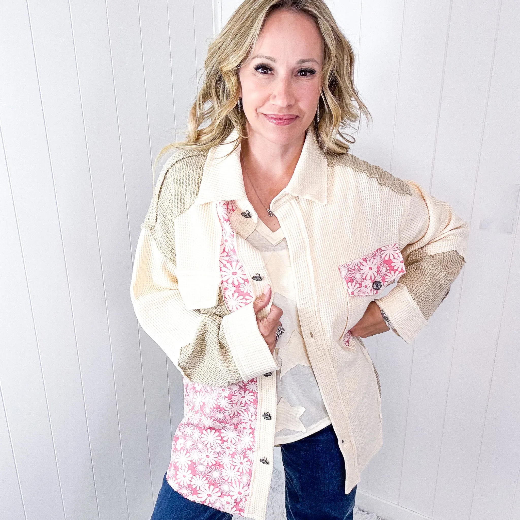 POL Cream and Beige Vintage Pink Floral Thermal Long Sleeve Jacket
