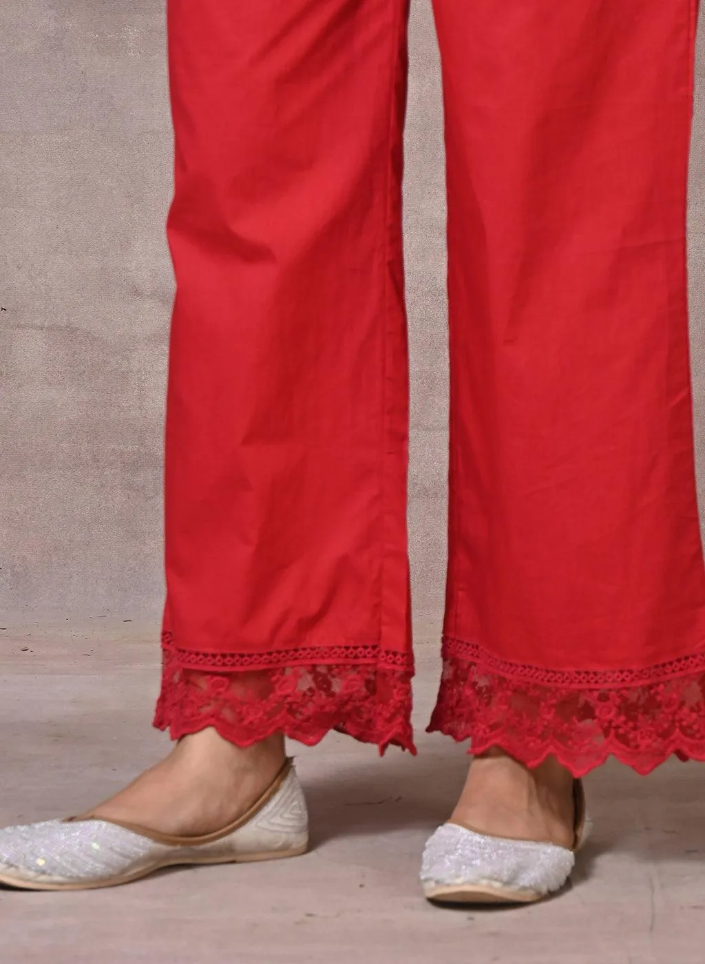 Red Flared Palazzo with Hem Cut Work