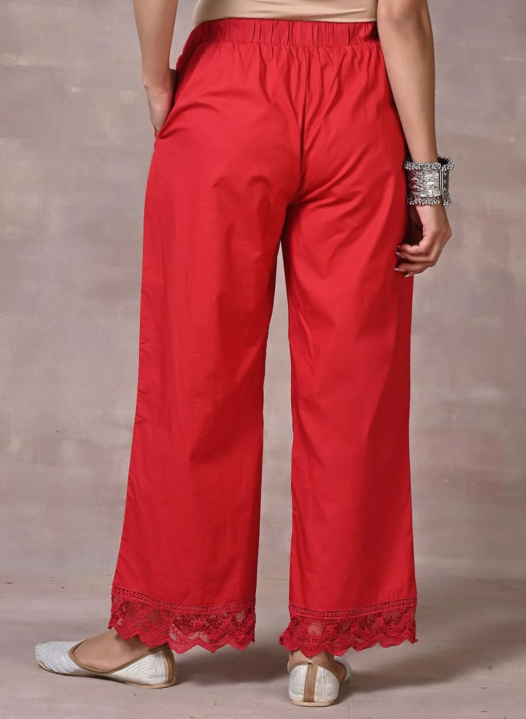 Red Flared Palazzo with Hem Cut Work