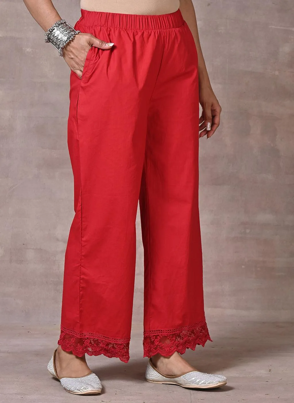 Red Flared Palazzo with Hem Cut Work