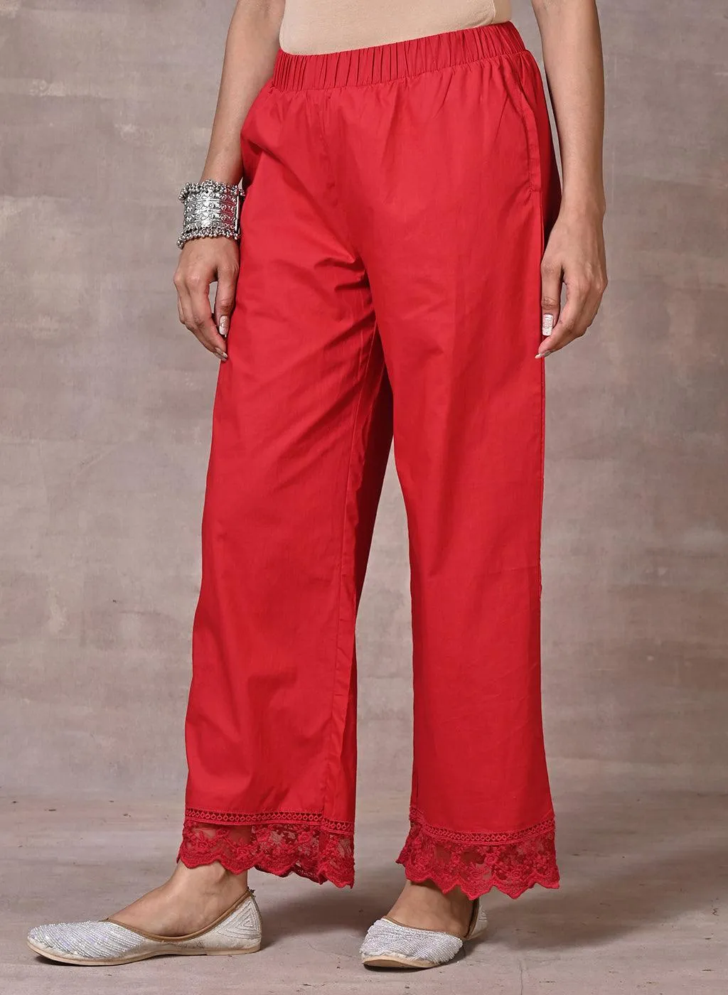 Red Flared Palazzo with Hem Cut Work