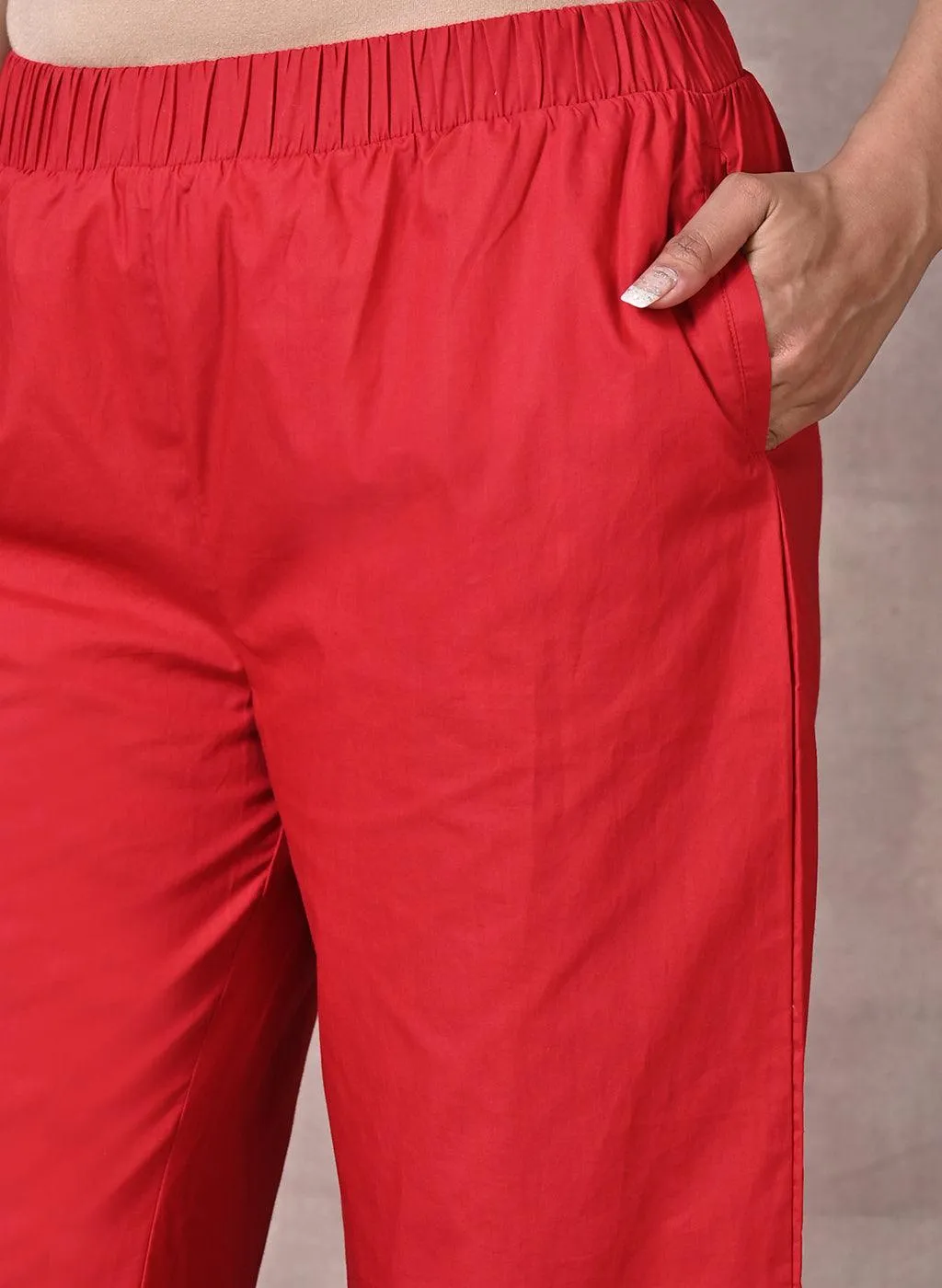 Red Flared Palazzo with Hem Cut Work