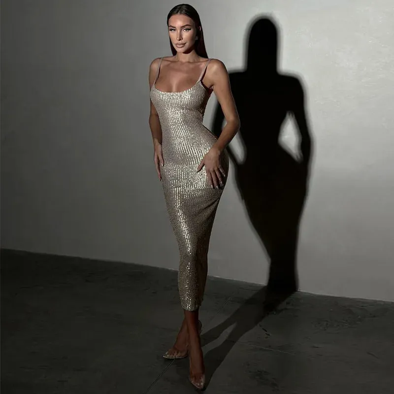 Sequin See-through Bandage Cami Midi Dress Sparkle in Style