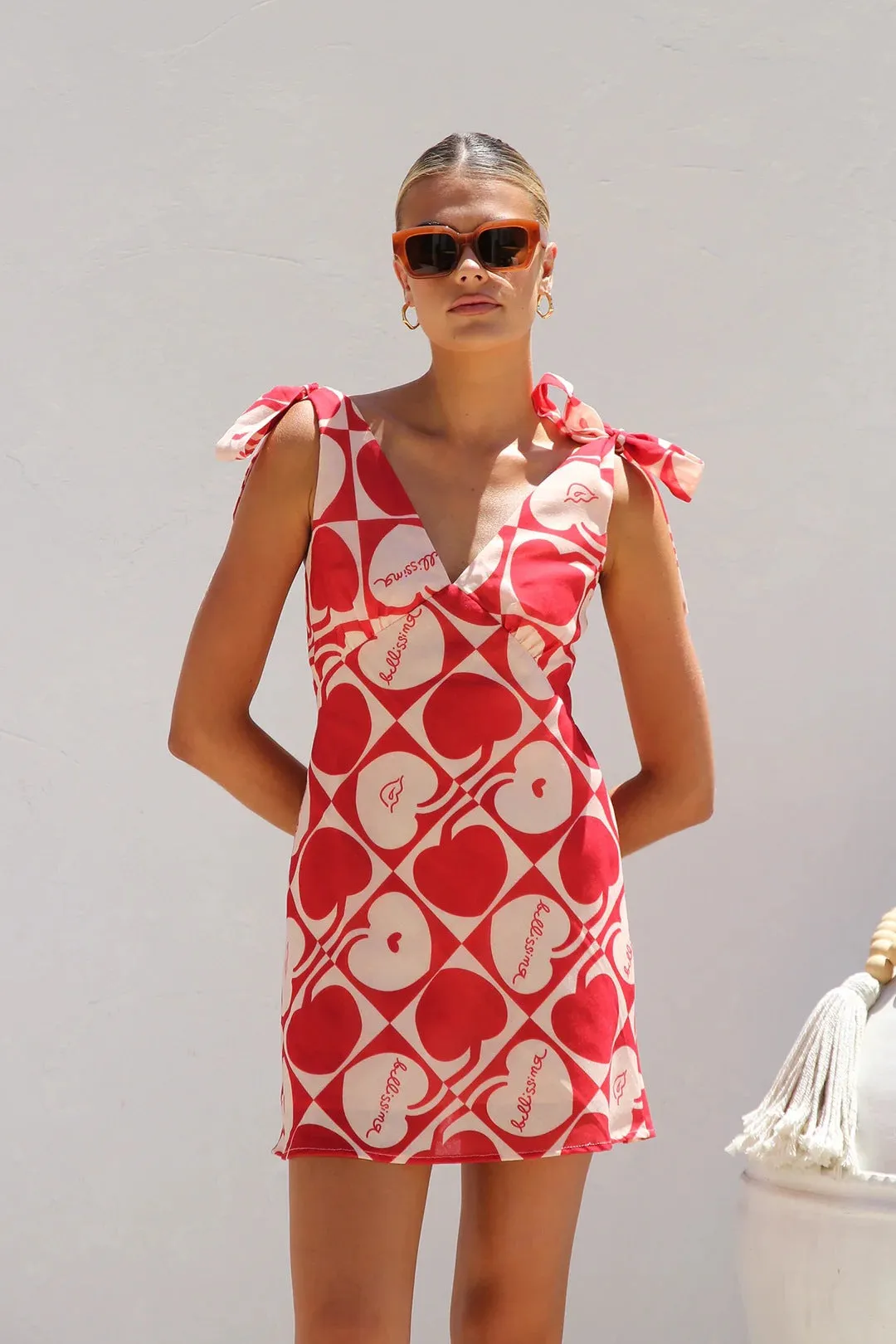 Summer Printed V neck Lace up Mini Sling Dress