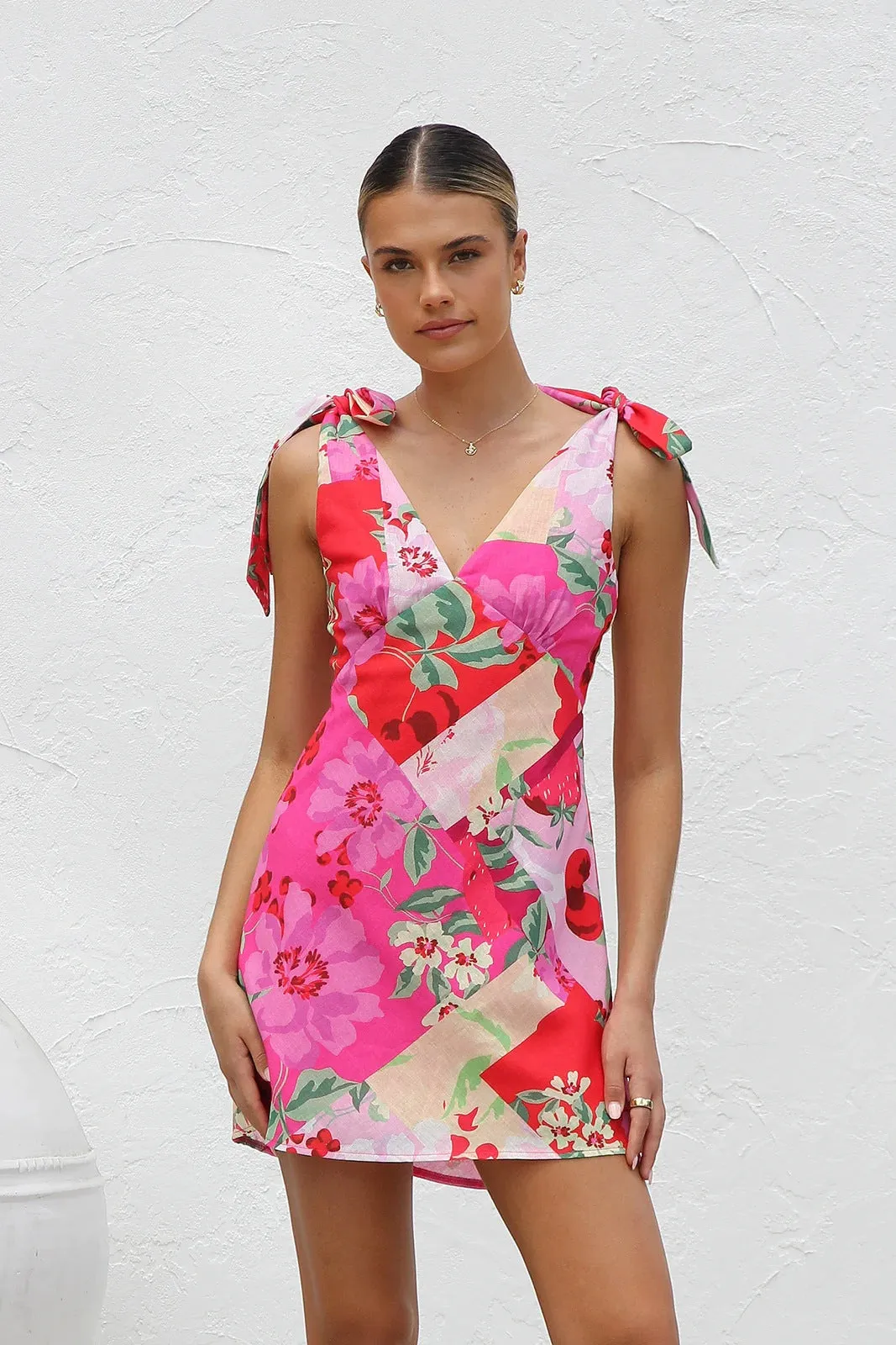 Summer Printed V neck Lace up Mini Sling Dress