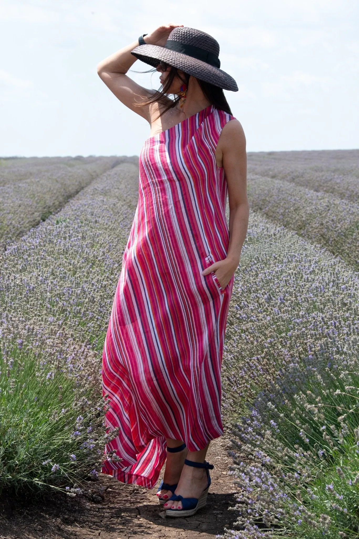 TIFFANY Pink Stripes Linen Dress With One Shoulder