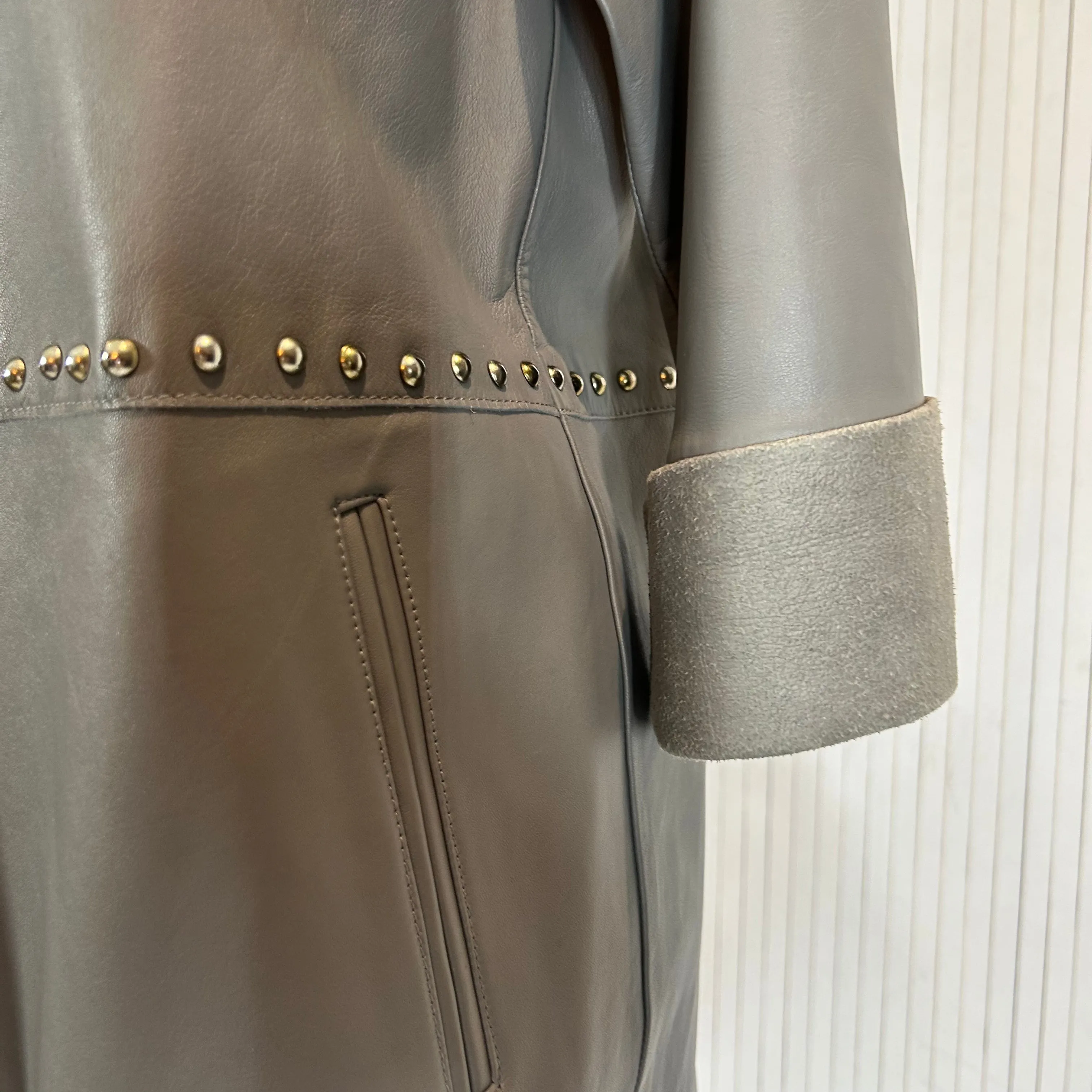 Uterque Dove Grey Studded Leather Coat S