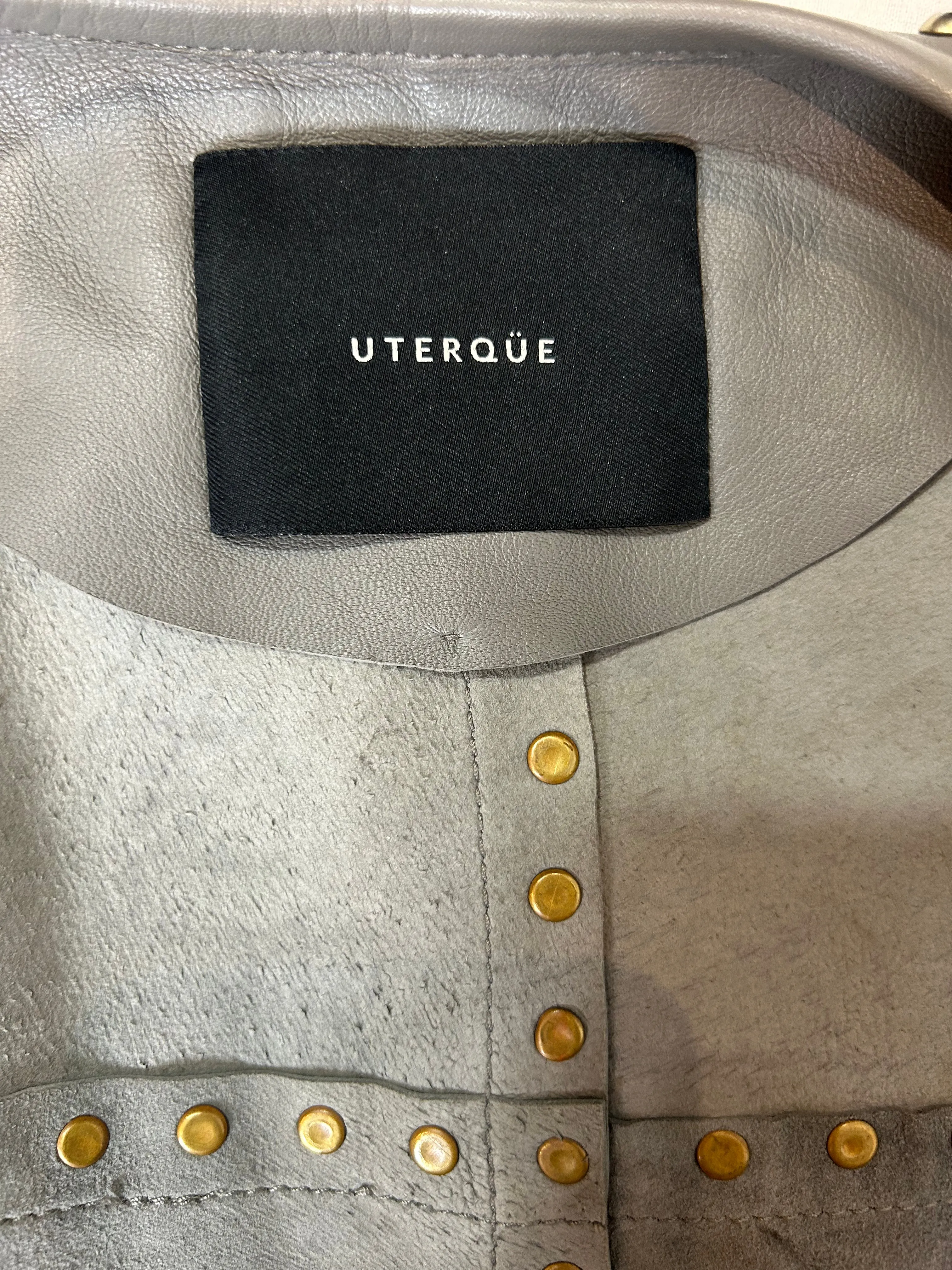Uterque Dove Grey Studded Leather Coat S