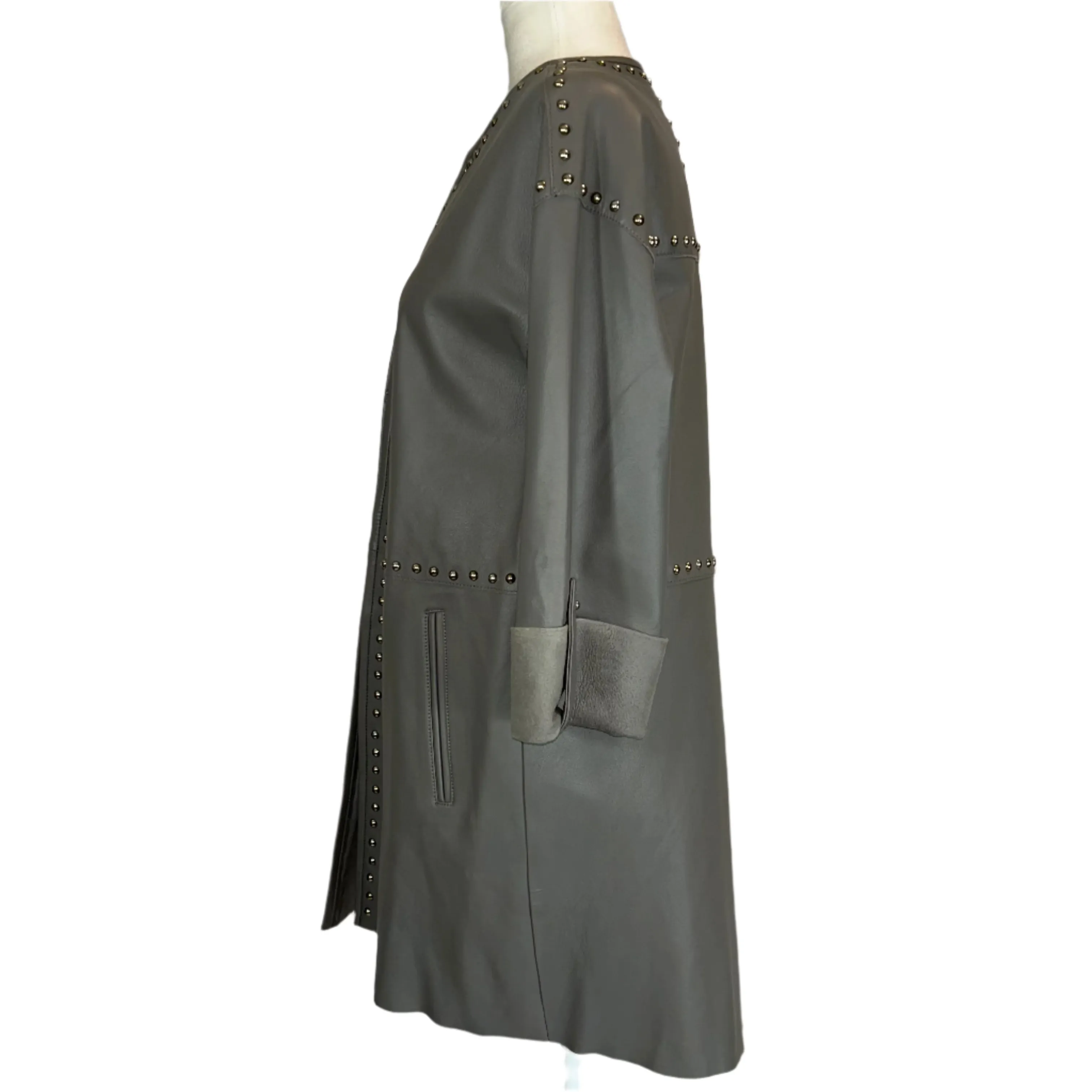 Uterque Dove Grey Studded Leather Coat S