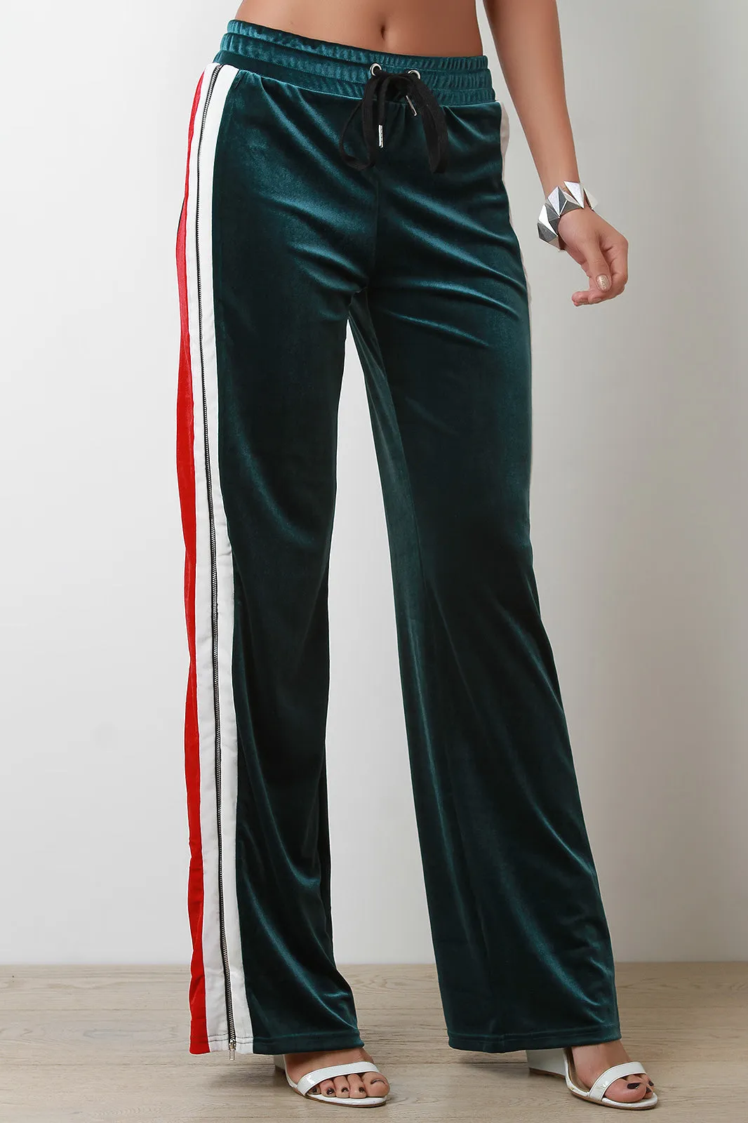 Velvet Side Zipper Striped High Waisted Track Pants