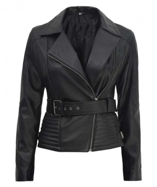 Womens Black Belted Asymmetrical Moto Jacket
