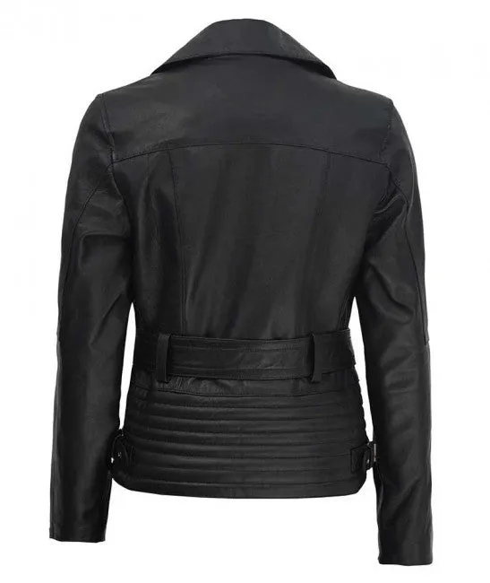 Womens Black Belted Asymmetrical Moto Jacket